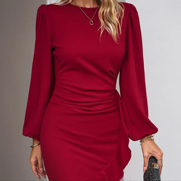 Red Ruched Ruffle Dress - Picture 2 of 8